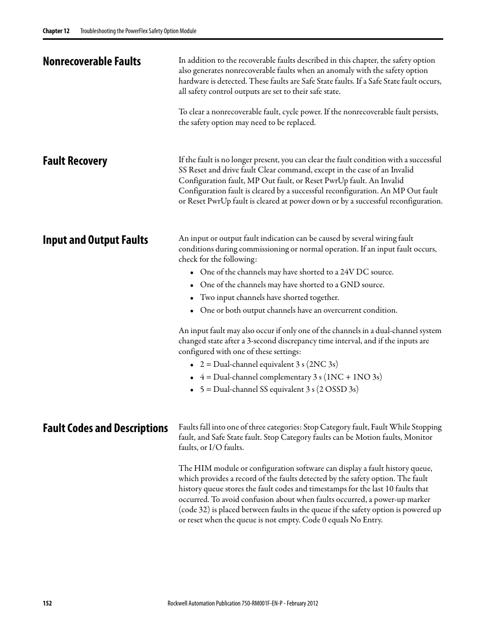 Nonrecoverable faults, Fault recovery, Input and output faults | Fault codes and descriptions | Rockwell Automation 21G PowerFlex 750-Series AC Drives Reference Manual User Manual | Page 152 / 184