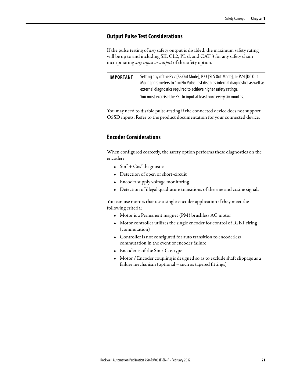 Output pulse test considerations, Encoder considerations | Rockwell Automation 21G PowerFlex 750-Series AC Drives Reference Manual User Manual | Page 21 / 184