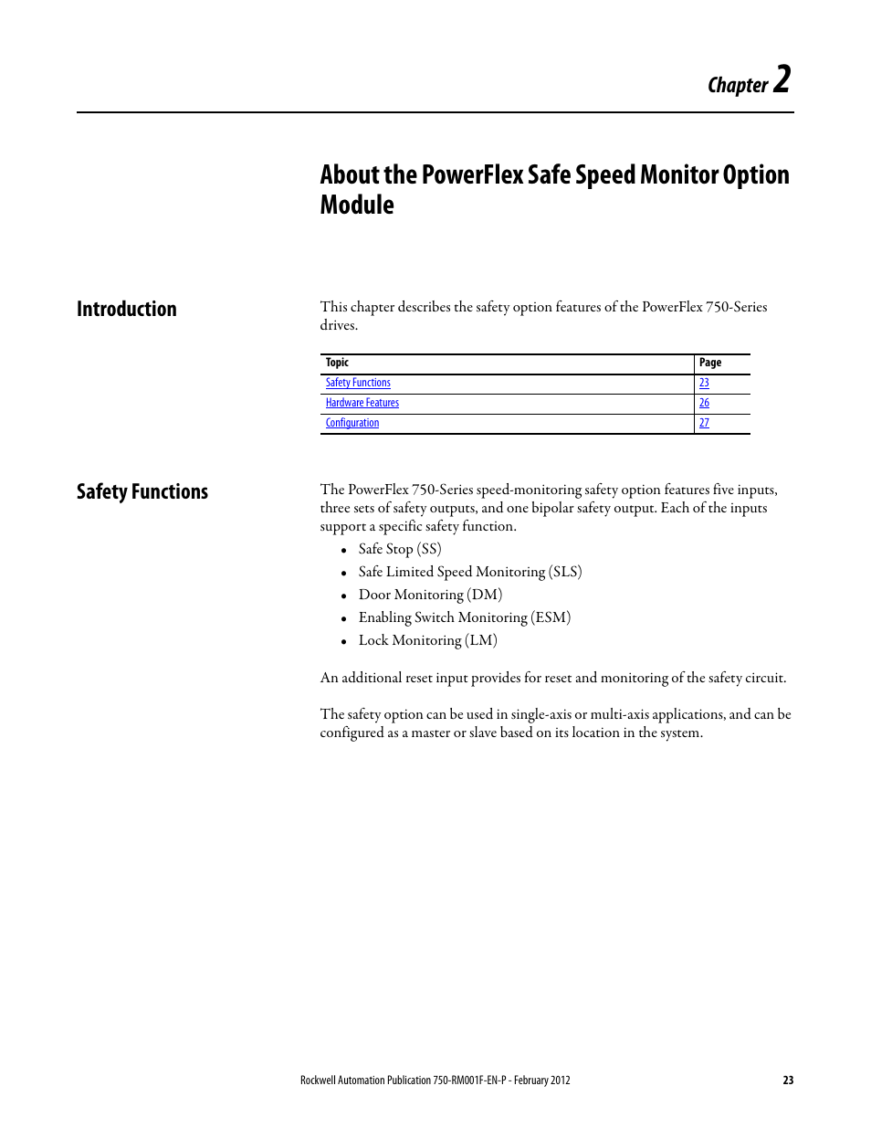 Introduction, Safety functions, Chapter 2 | Introduction safety functions, Chapter | Rockwell Automation 21G PowerFlex 750-Series AC Drives Reference Manual User Manual | Page 23 / 184