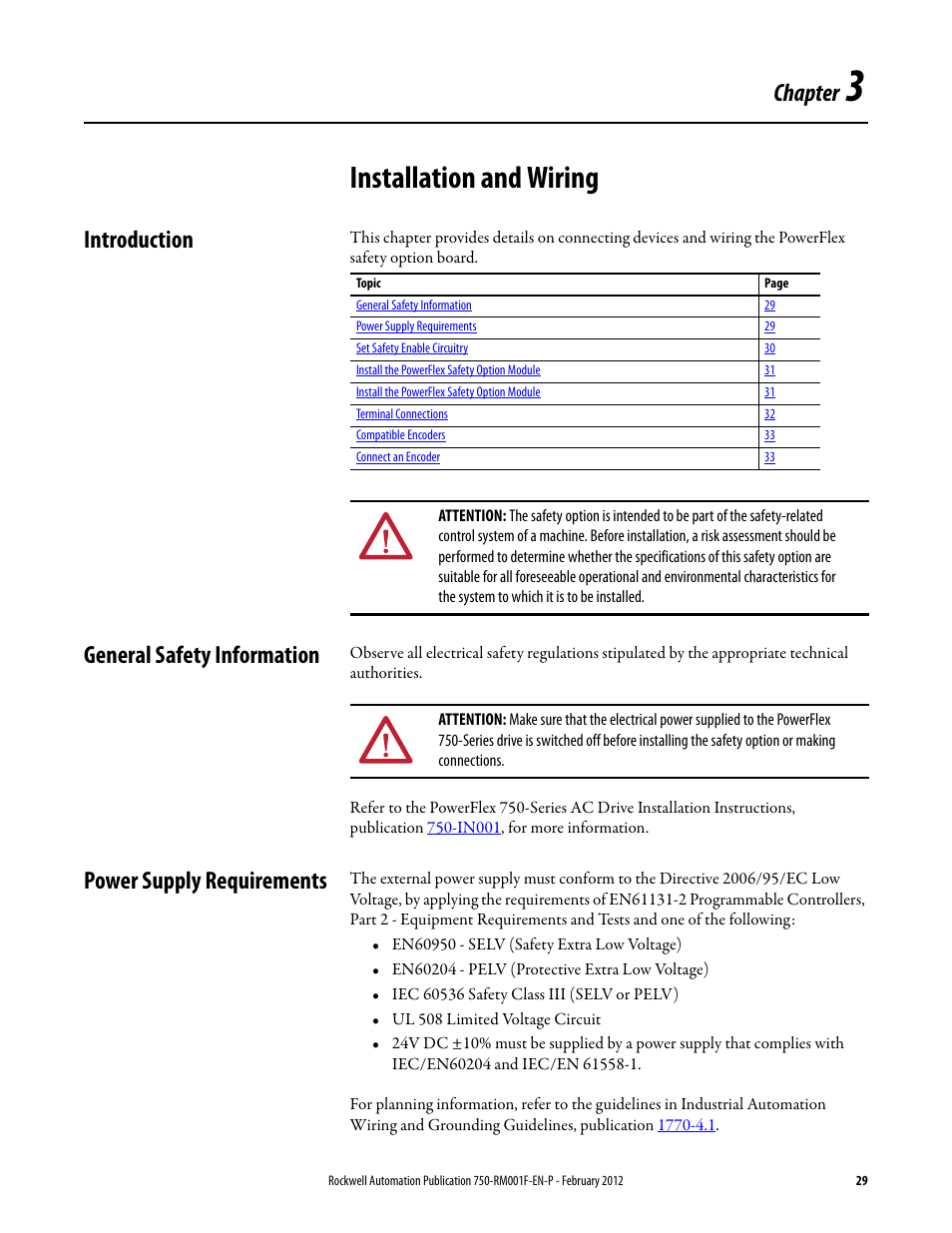 Installation and wiring, Introduction, General safety information | Power supply requirements, Chapter 3, Chapter | Rockwell Automation 21G PowerFlex 750-Series AC Drives Reference Manual User Manual | Page 29 / 184