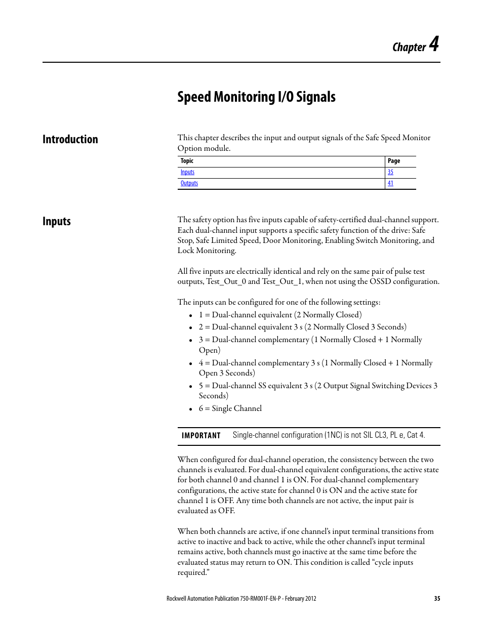 Speed monitoring i/o signals, Introduction, Inputs | Chapter 4, Introduction inputs, Chapter | Rockwell Automation 21G PowerFlex 750-Series AC Drives Reference Manual User Manual | Page 35 / 184