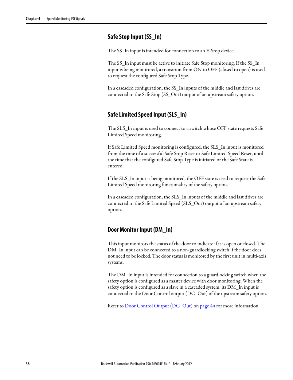Safe stop input (ss_in), Safe limited speed input (sls_in), Door monitor input (dm_in) | Rockwell Automation 21G PowerFlex 750-Series AC Drives Reference Manual User Manual | Page 38 / 184