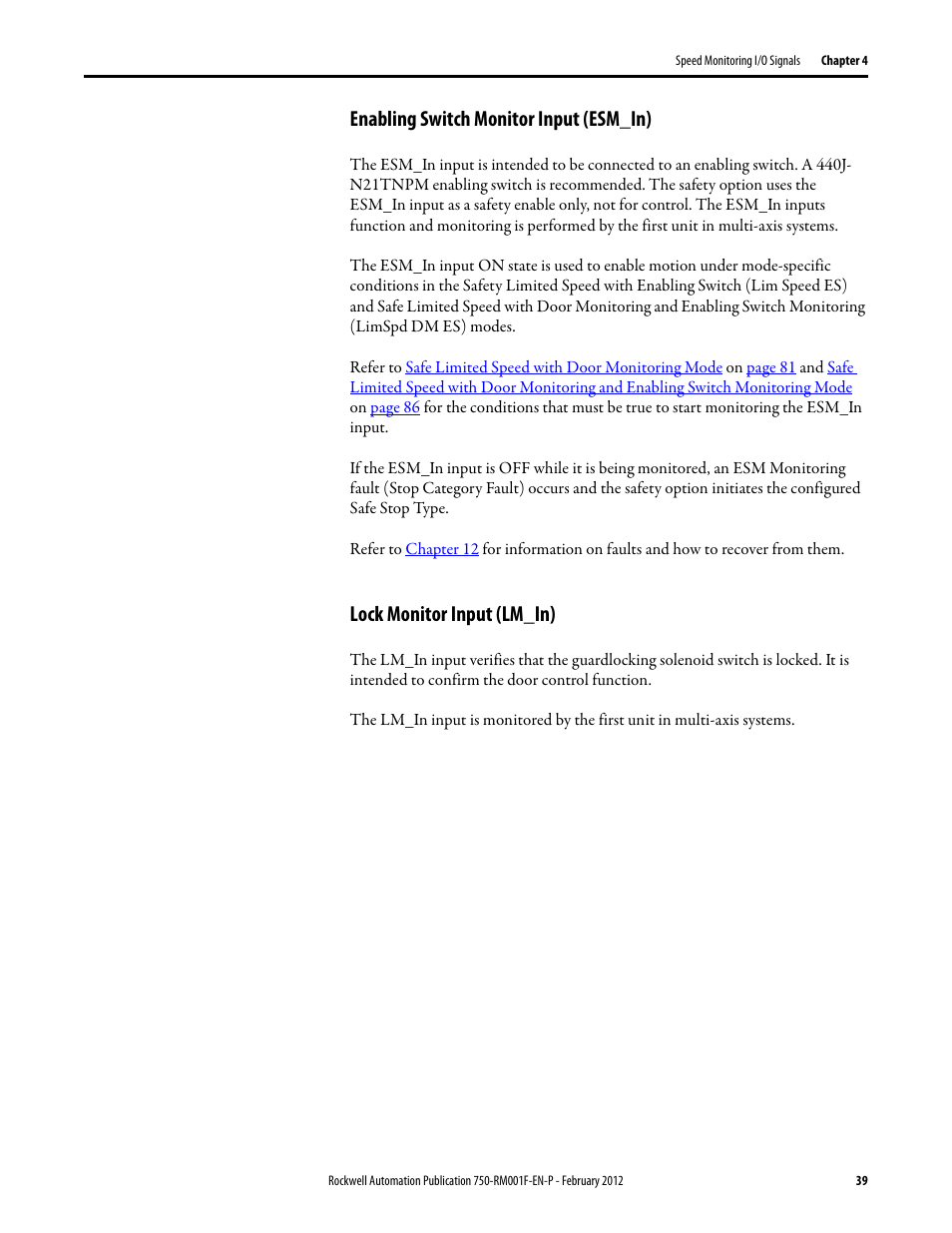 Enabling switch monitor input (esm_in), Lock monitor input (lm_in) | Rockwell Automation 21G PowerFlex 750-Series AC Drives Reference Manual User Manual | Page 39 / 184