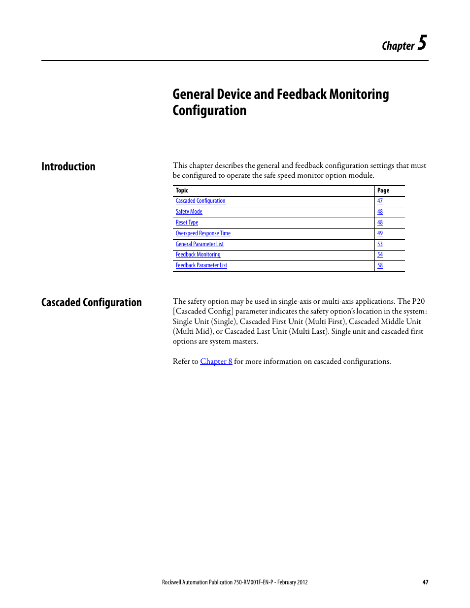 Introduction, Cascaded configuration, Chapter 5 | Introduction cascaded configuration, Chapter | Rockwell Automation 21G PowerFlex 750-Series AC Drives Reference Manual User Manual | Page 47 / 184