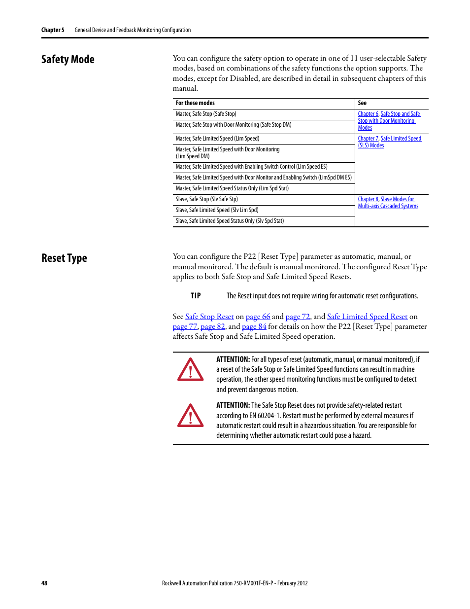 Safety mode, Reset type, Safety mode reset type | Rockwell Automation 21G PowerFlex 750-Series AC Drives Reference Manual User Manual | Page 48 / 184