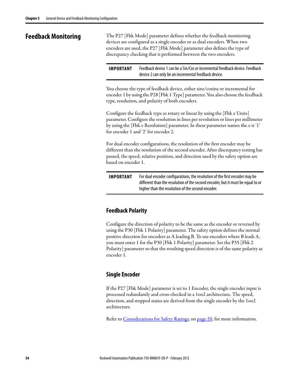 Feedback monitoring, Feedback polarity, Single encoder | Feedback polarity single encoder | Rockwell Automation 21G PowerFlex 750-Series AC Drives Reference Manual User Manual | Page 54 / 184