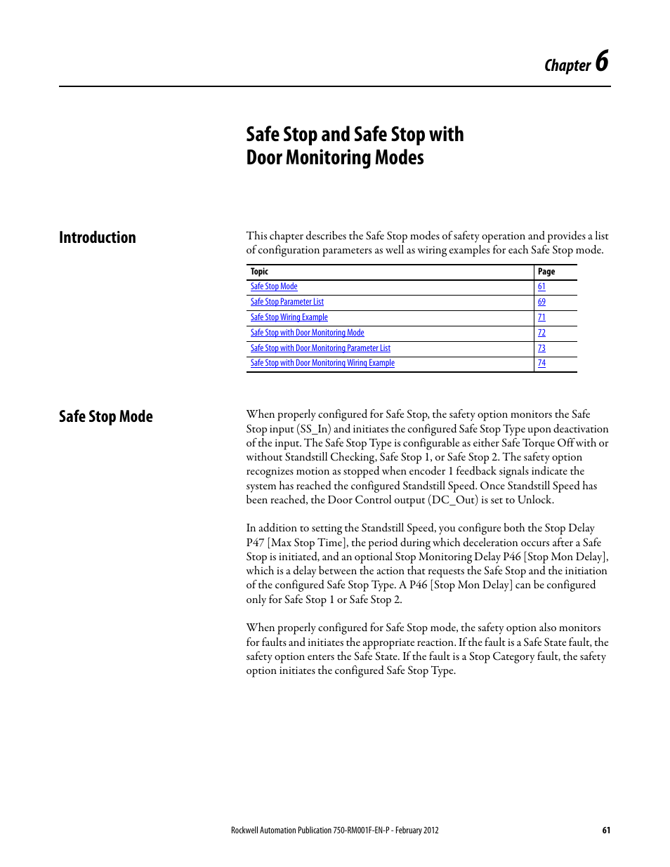 Safe stop and safe stop with door monitoring modes, Introduction, Safe stop mode | Chapter 6, Introduction safe stop mode, Safe stop and safe, Stop with door monitoring modes, Chapter | Rockwell Automation 21G PowerFlex 750-Series AC Drives Reference Manual User Manual | Page 61 / 184