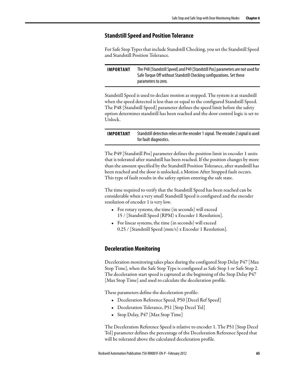 Standstill speed and position tolerance, Deceleration monitoring | Rockwell Automation 21G PowerFlex 750-Series AC Drives Reference Manual User Manual | Page 65 / 184