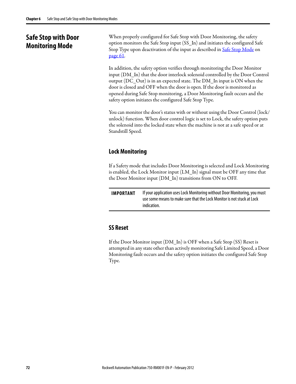 Safe stop with door monitoring mode, Lock monitoring, Ss reset | Lock monitoring ss reset | Rockwell Automation 21G PowerFlex 750-Series AC Drives Reference Manual User Manual | Page 72 / 184