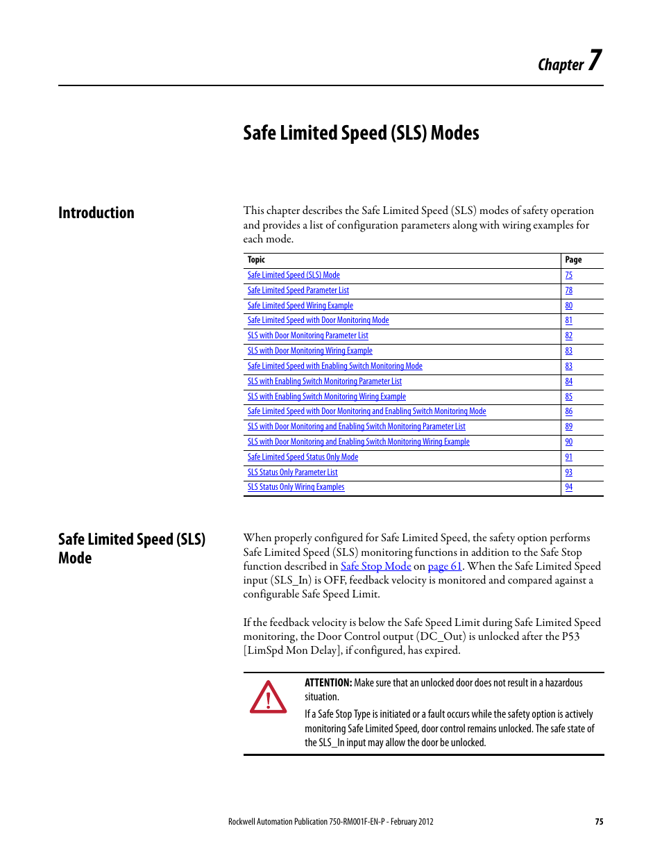 Safe limited speed (sls) modes, Introduction, Safe limited speed (sls) mode | Chapter 7, Introduction safe limited speed (sls) mode, Safe limited speed, Sls) modes, Chapter | Rockwell Automation 21G PowerFlex 750-Series AC Drives Reference Manual User Manual | Page 75 / 184