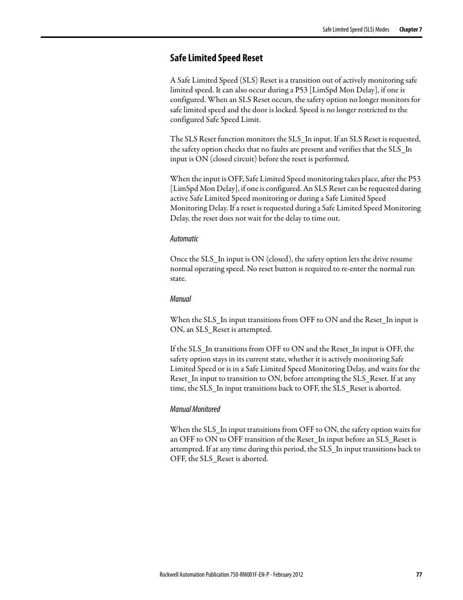 Safe limited speed reset | Rockwell Automation 21G PowerFlex 750-Series AC Drives Reference Manual User Manual | Page 77 / 184