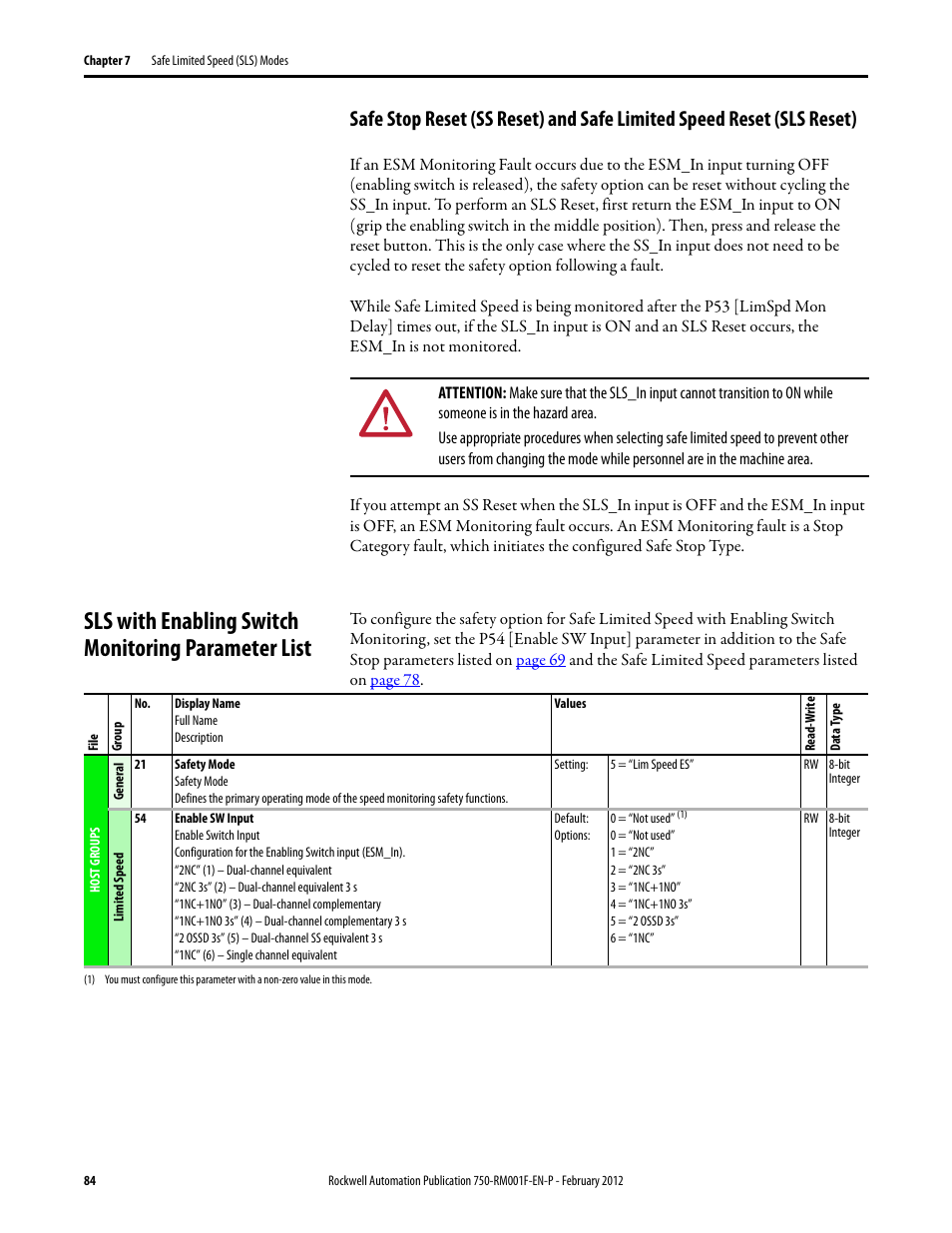 Sls with enabling switch monitoring parameter list | Rockwell Automation 21G PowerFlex 750-Series AC Drives Reference Manual User Manual | Page 84 / 184