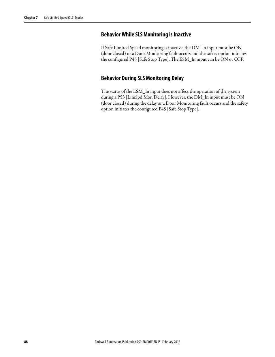 Behavior while sls monitoring is inactive, Behavior during sls monitoring delay | Rockwell Automation 21G PowerFlex 750-Series AC Drives Reference Manual User Manual | Page 88 / 184