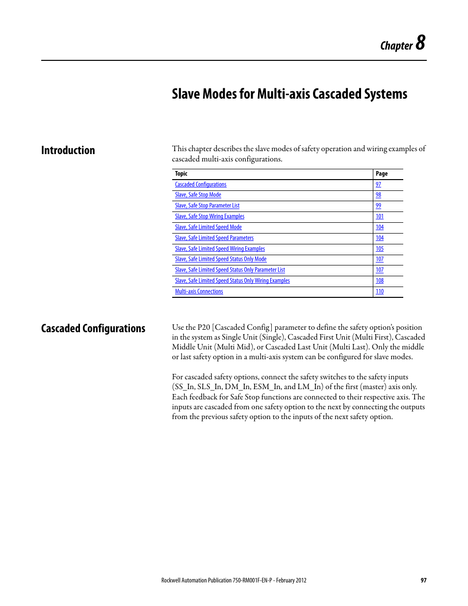 Slave modes for multi-axis cascaded systems, Introduction, Cascaded configurations | Chapter 8, Introduction cascaded configurations, Slave modes for, Multi-axis cascaded systems, Chapter | Rockwell Automation 21G PowerFlex 750-Series AC Drives Reference Manual User Manual | Page 97 / 184