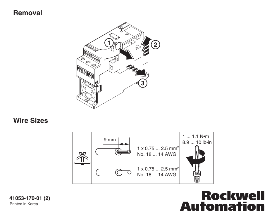Removal wire sizes | Rockwell Automation 150-CA SMC-3 Soft Starter (1-85A) / SMC-Delta Soft Starter (1-147A) Auxiliary User Manual | Page 2 / 2
