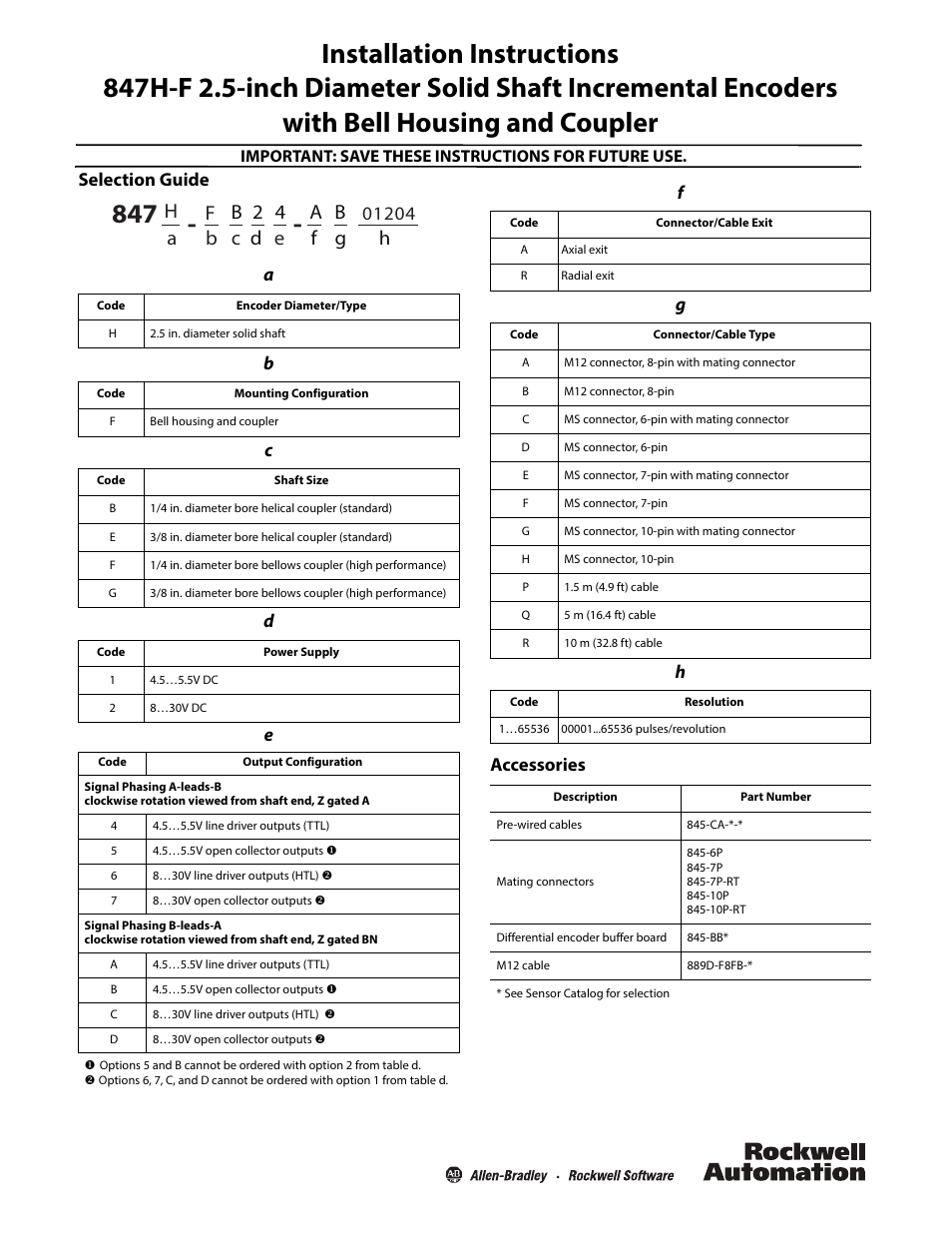 Rockwell Automation 847H-F 2.5-inch Diameter Solid Shaft Incremental Encoders with Bell Housing and User Manual | 4 pages