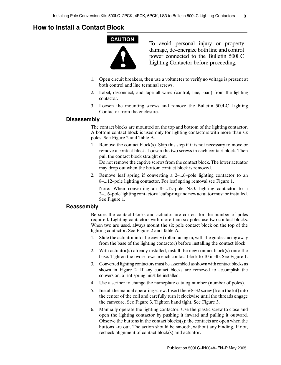 How to install a contact block | Rockwell Automation 500LC Pole Conversion Modification User Manual | Page 3 / 4