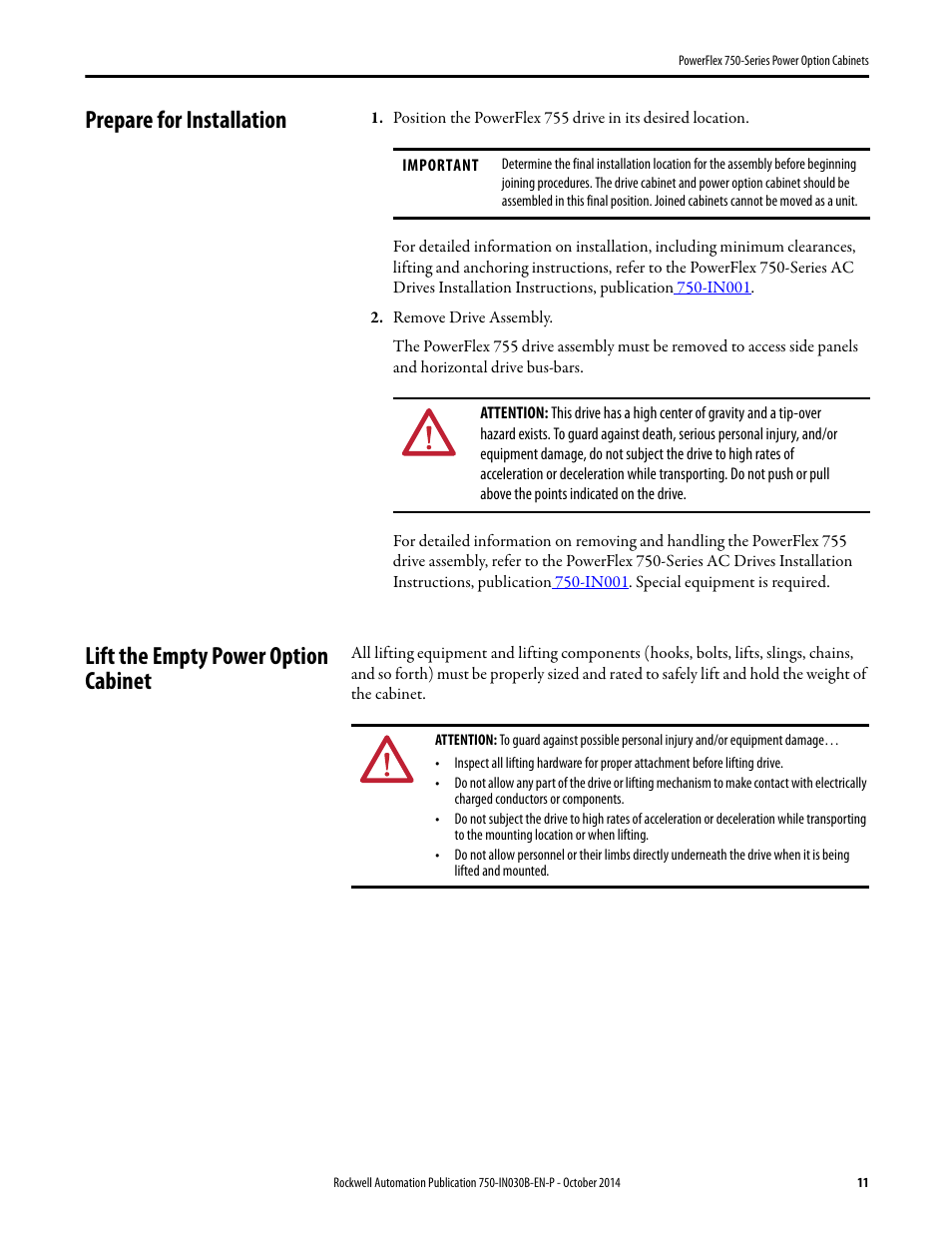 Prepare for installation, Lift the empty power option cabinet | Rockwell Automation 20G PowerFlex 750-Series Power Option Cabinets User Manual | Page 11 / 36