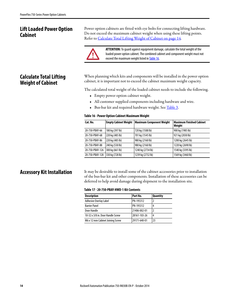 Lift loaded power option cabinet, Calculate total lifting weight of cabinet, Accessory kit installation | Rockwell Automation 20G PowerFlex 750-Series Power Option Cabinets User Manual | Page 14 / 36