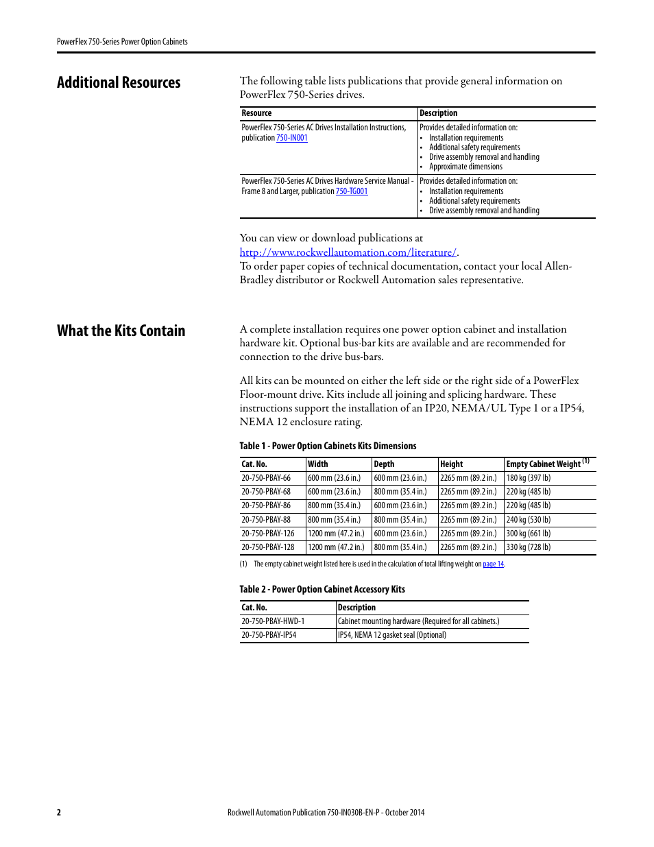 Additional resources, What the kits contain | Rockwell Automation 20G PowerFlex 750-Series Power Option Cabinets User Manual | Page 2 / 36