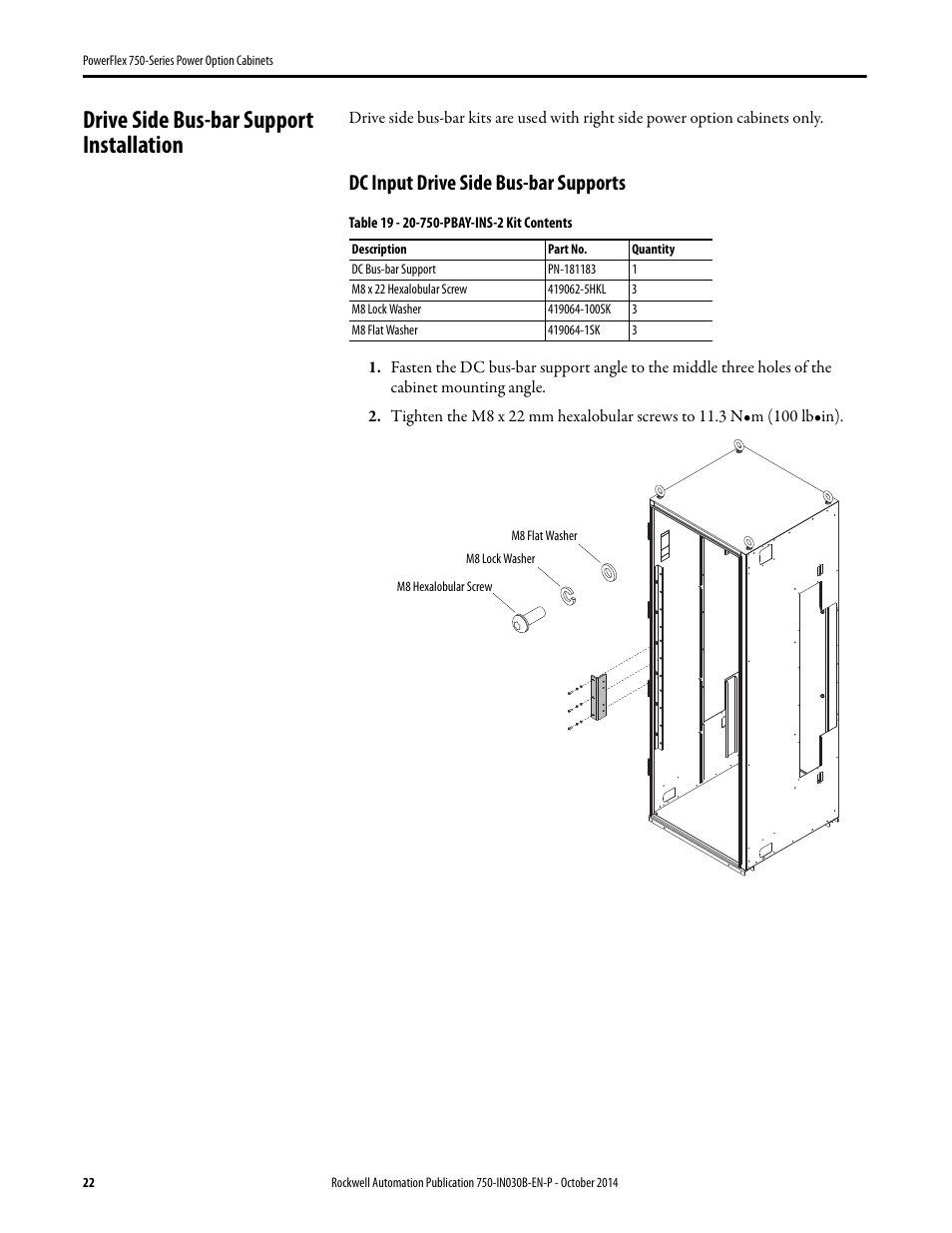 Drive side bus-bar support installation, Dc input drive side bus-bar supports | Rockwell Automation 20G PowerFlex 750-Series Power Option Cabinets User Manual | Page 22 / 36