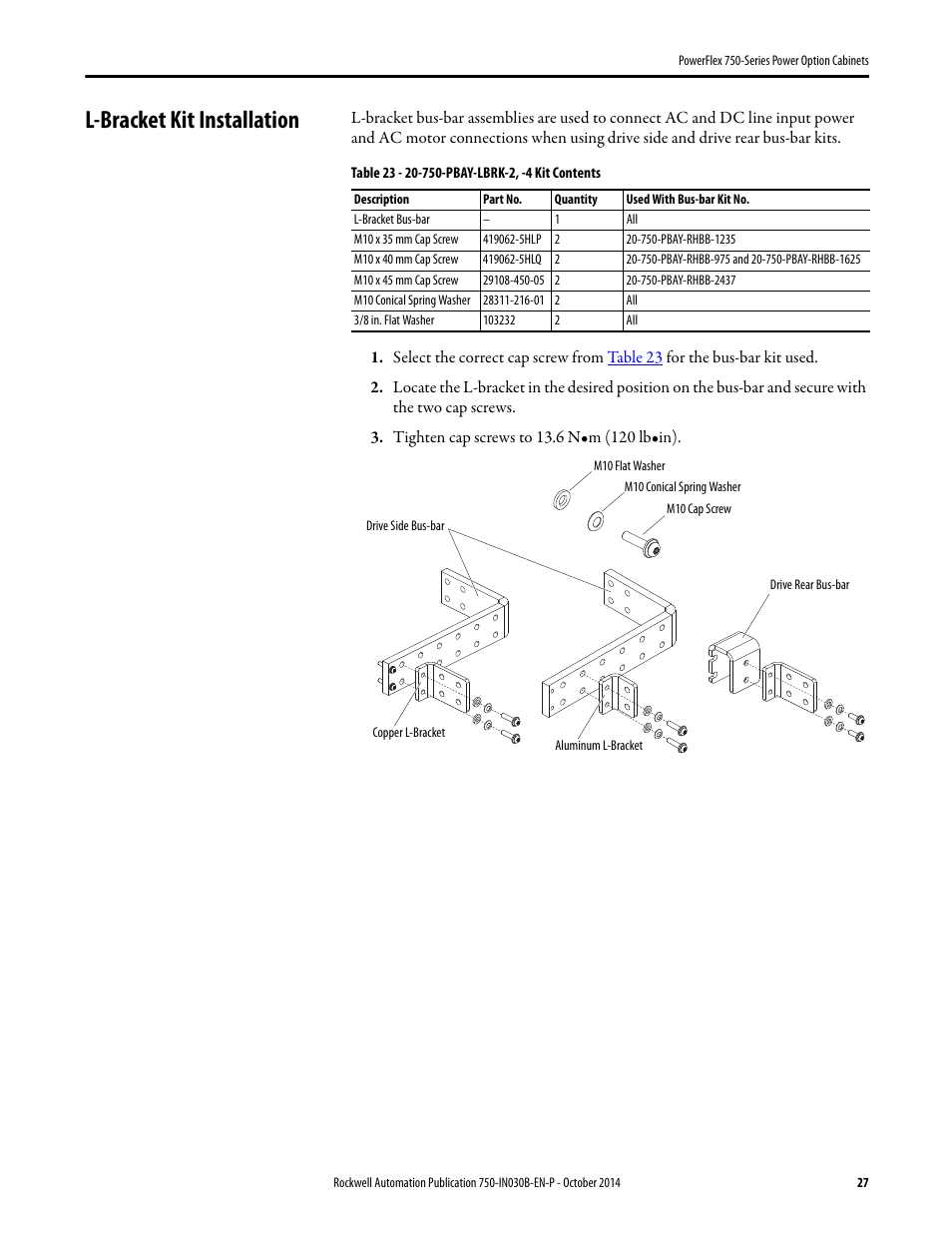 L-bracket kit installation | Rockwell Automation 20G PowerFlex 750-Series Power Option Cabinets User Manual | Page 27 / 36