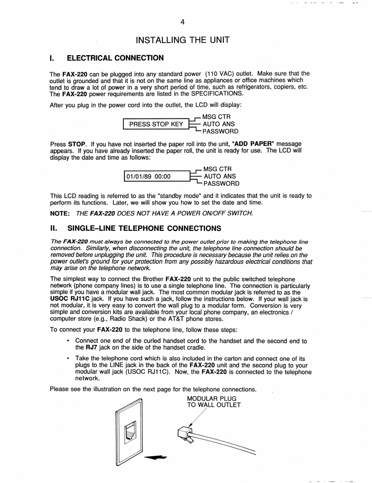 Installing the unit, I. electrical connection, Ii. single-line telephone connections | Electrical connection, Single-line telephone connections | Brother FAX-220 User Manual | Page 14 / 76