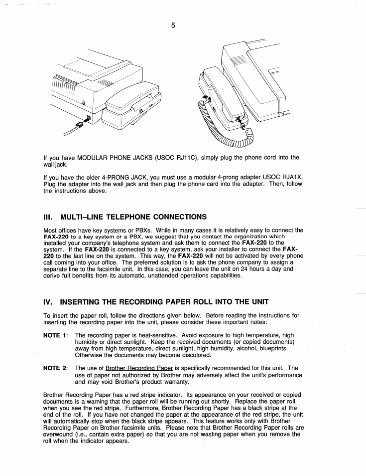 Iii. multi-line telephone connections, Multi-line telephone connections, Inserting the recording paper roll into the unit | Brother FAX-220 User Manual | Page 15 / 76