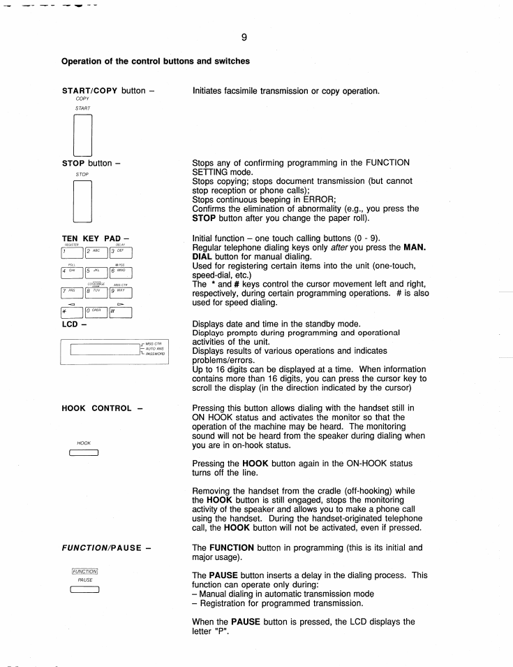 Operation of the control buttons and switches, Stop, Man. dial | Hook, Function, Pause | Brother FAX-220 User Manual | Page 19 / 76