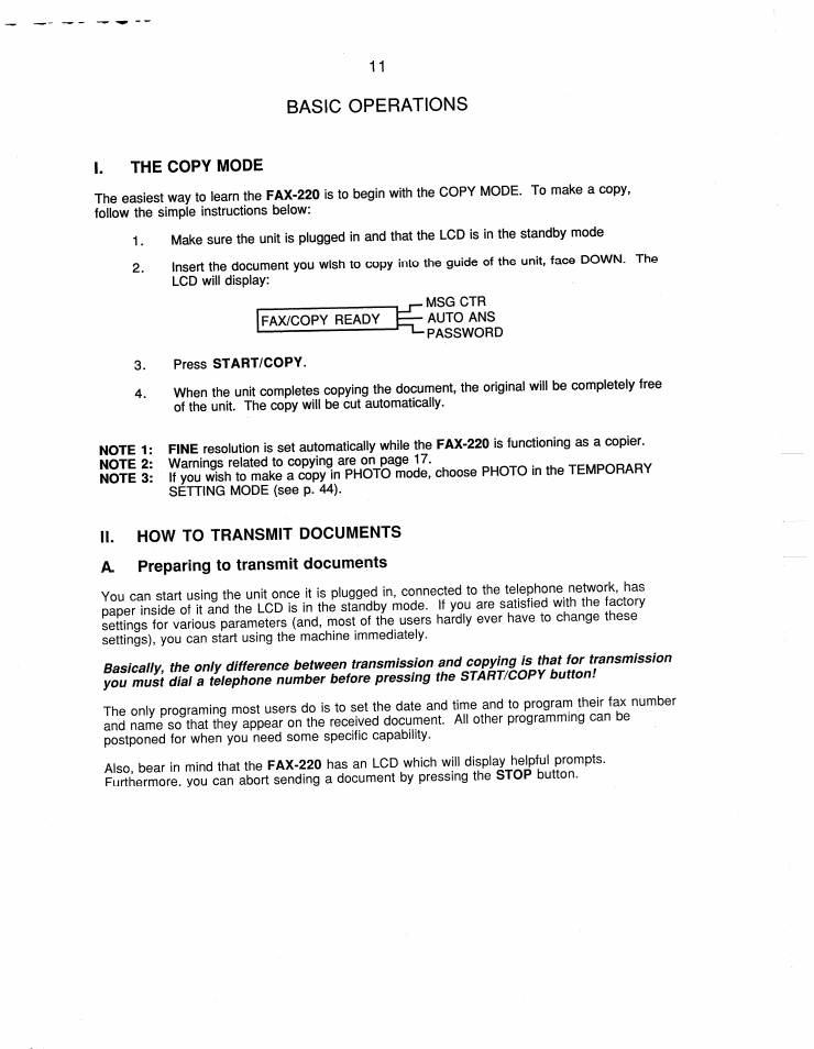 Basic operations, I. the copy mode, Ii. how to transmit documents | A preparing to transmit documents, The copy mode, How to transmit documents | Brother FAX-220 User Manual | Page 21 / 76