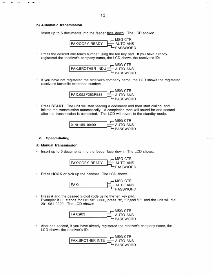 B) automatic transmission, Speed-dialing a) manual transmission | Brother FAX-220 User Manual | Page 23 / 76