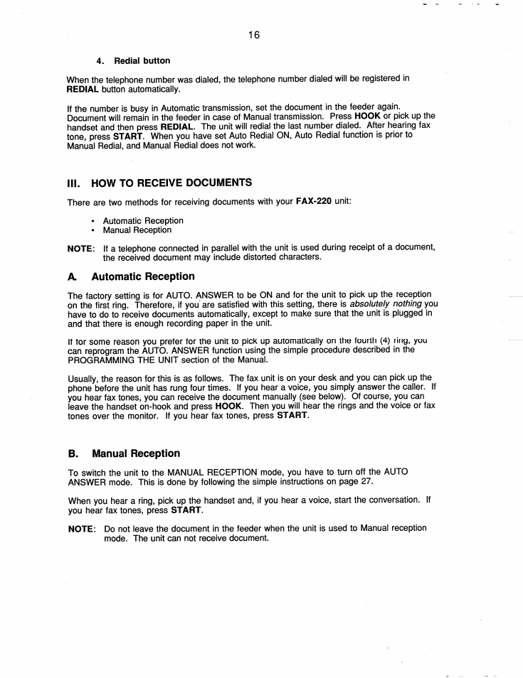 Redial button, Iii. how to receive documents, A. automatic reception | B. manual reception, How to receive documents | Brother FAX-220 User Manual | Page 26 / 76