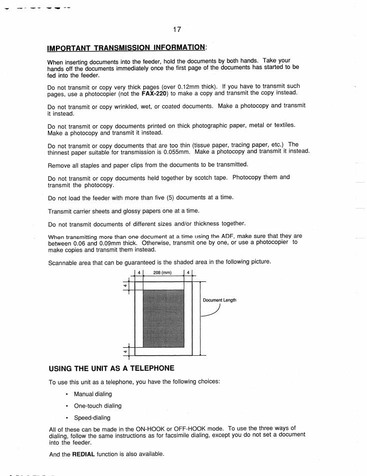 Using the unit as a telephone, Important transmission informatton | Brother FAX-220 User Manual | Page 27 / 76