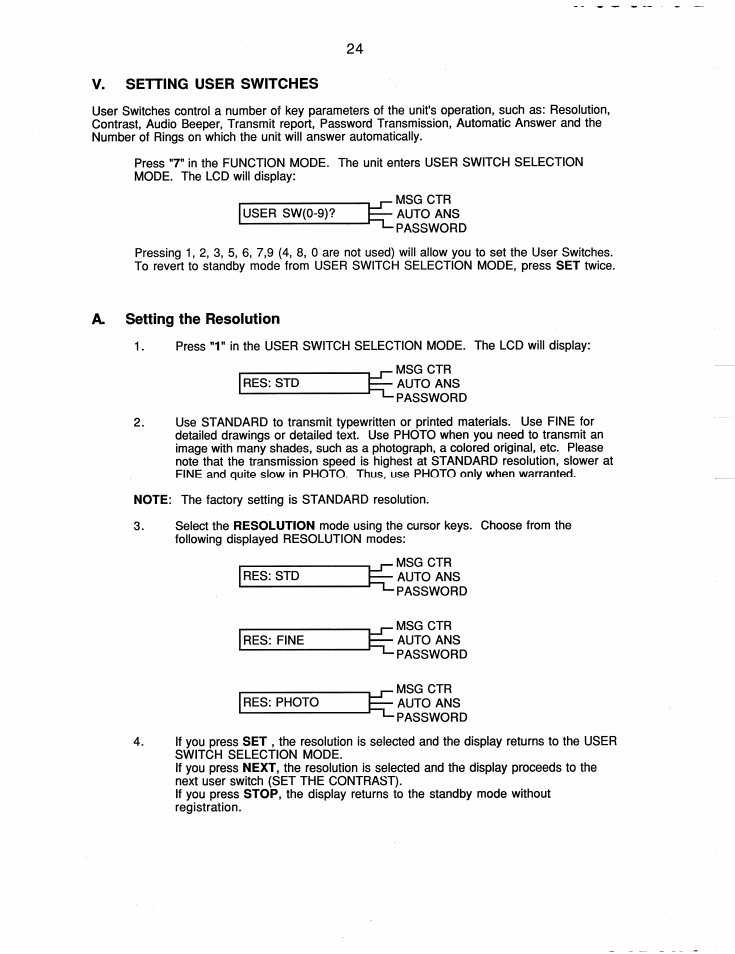 V. setting user switches, A. setting the resolution, Setting user switches | Brother FAX-220 User Manual | Page 34 / 76