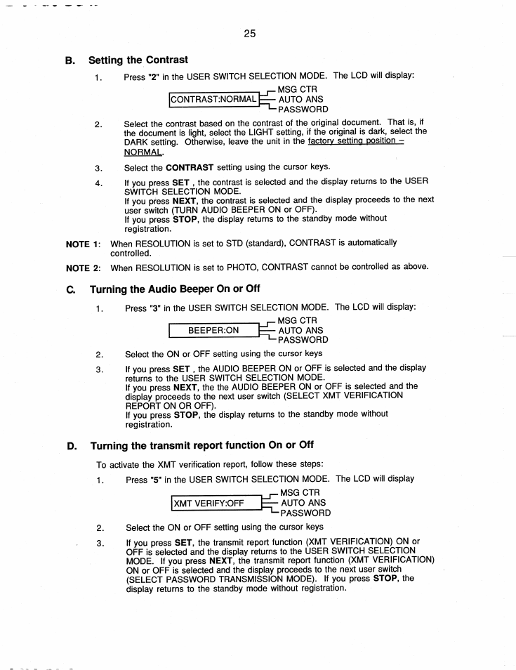 B. setting the contrast, C. turning the audio beeper on or off, D. turning the transmit report function on or off | Brother FAX-220 User Manual | Page 35 / 76