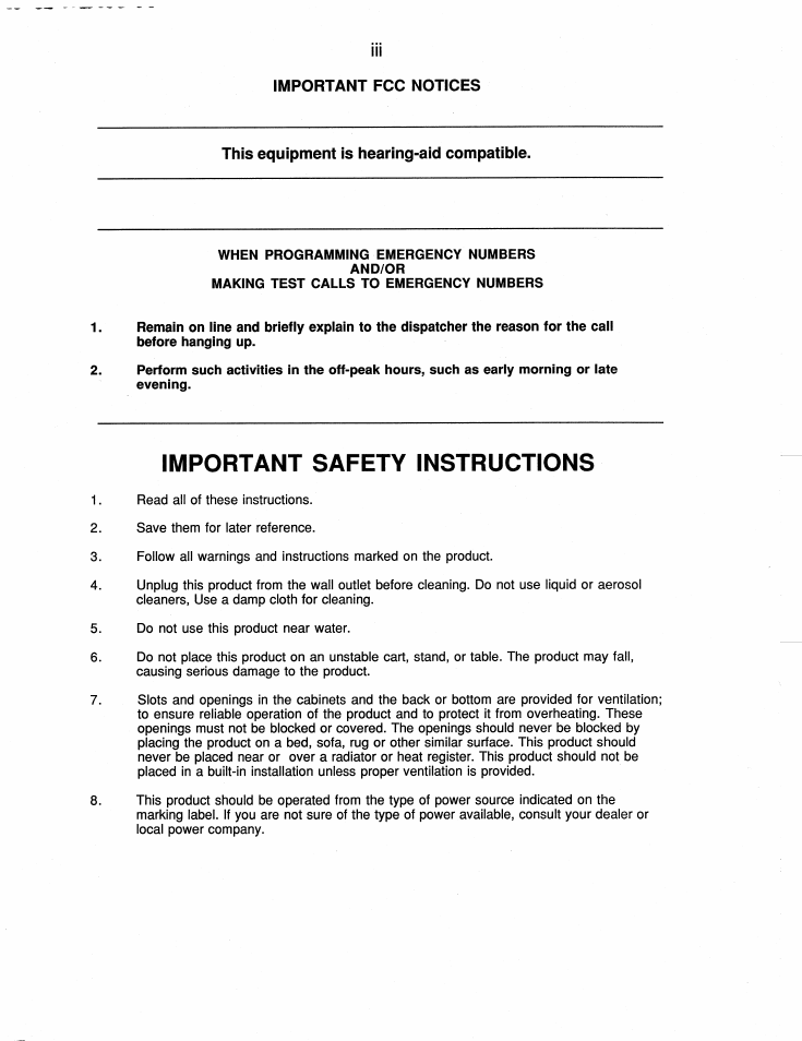 Important fcc notices, This equipment is hearing-aid compatibie, When programming emergency numbers and/or | Making test calls to emergency numbers, Important safety instructions | Brother FAX-220 User Manual | Page 5 / 76