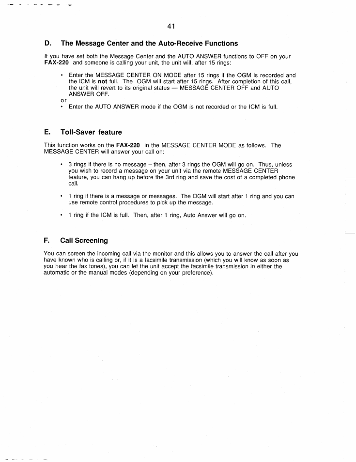 E. toll-saver feature, F. call screening | Brother FAX-220 User Manual | Page 51 / 76