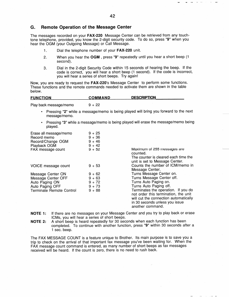 G. remote operation of the message center | Brother FAX-220 User Manual | Page 52 / 76