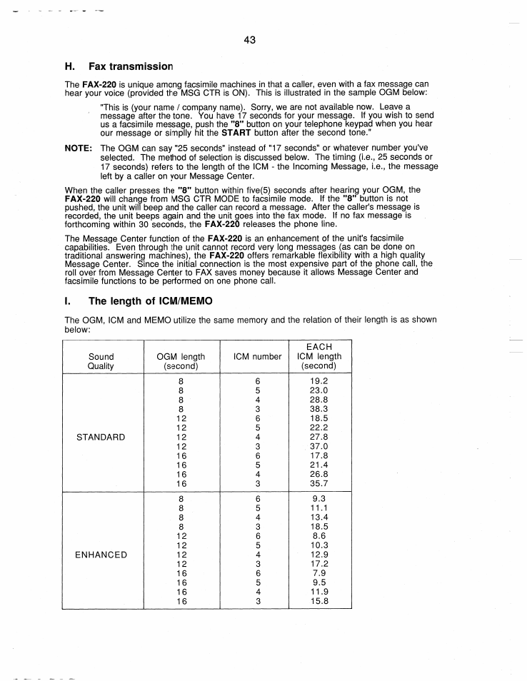 H. fax transmission, I. the length of icm/memo | Brother FAX-220 User Manual | Page 53 / 76