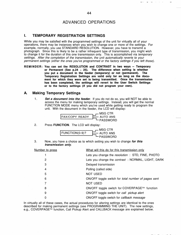 Advanced operations, I. temporary registration settings, A making temporary settings | Brother FAX-220 User Manual | Page 54 / 76