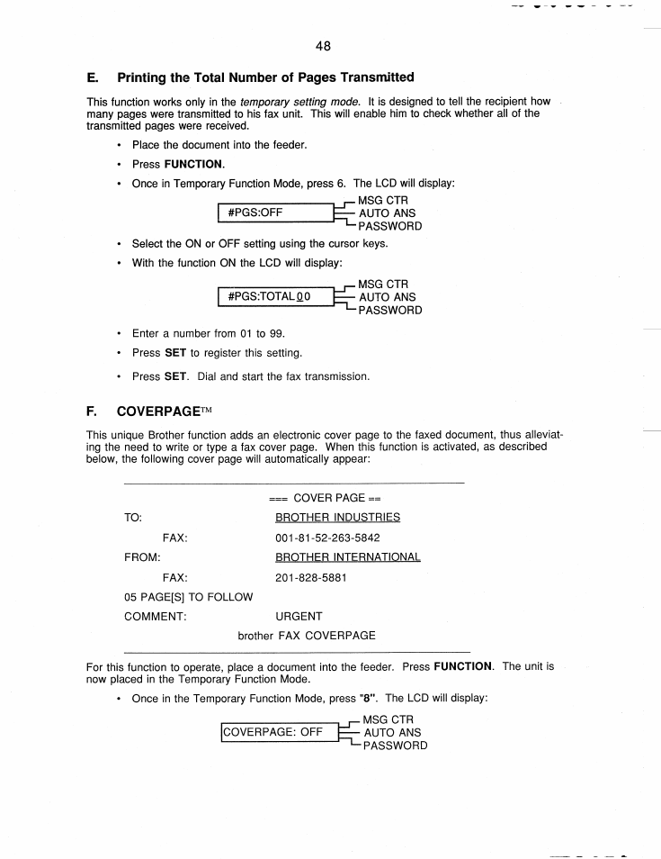 E. printing the totai number of pages transmitted, F. coverpage | Brother FAX-220 User Manual | Page 58 / 76