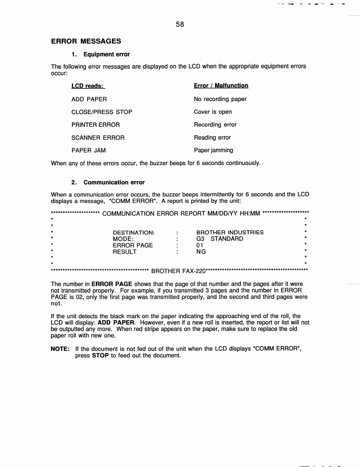 Equipment error, Lcd reads, Error / malfunction | Communication error, Error messages | Brother FAX-220 User Manual | Page 68 / 76