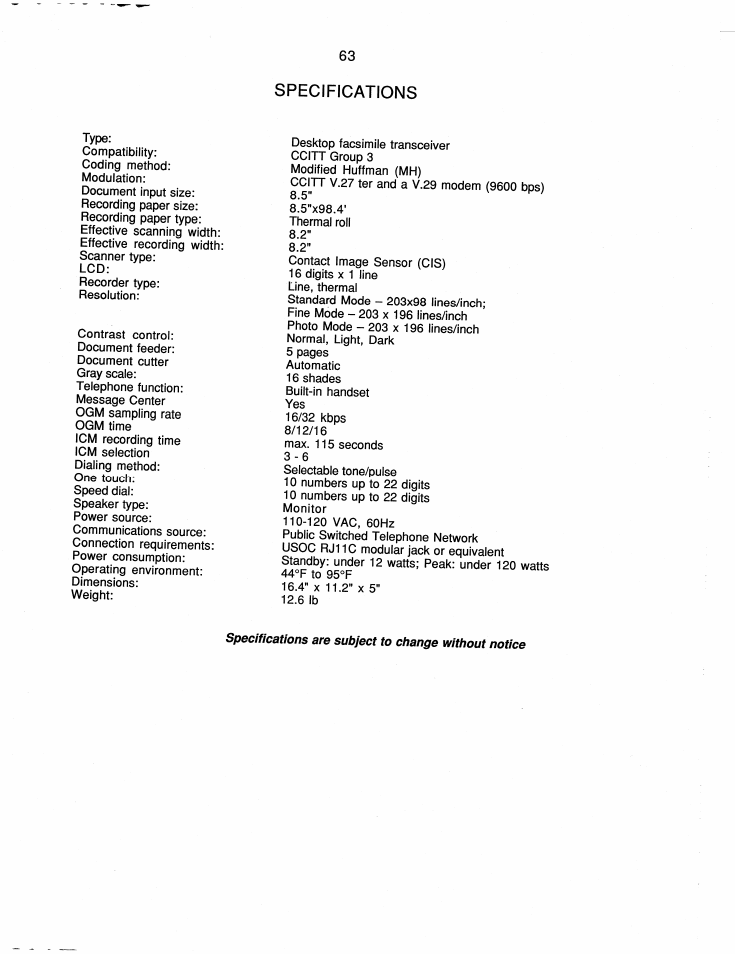 Specifications | Brother FAX-220 User Manual | Page 73 / 76