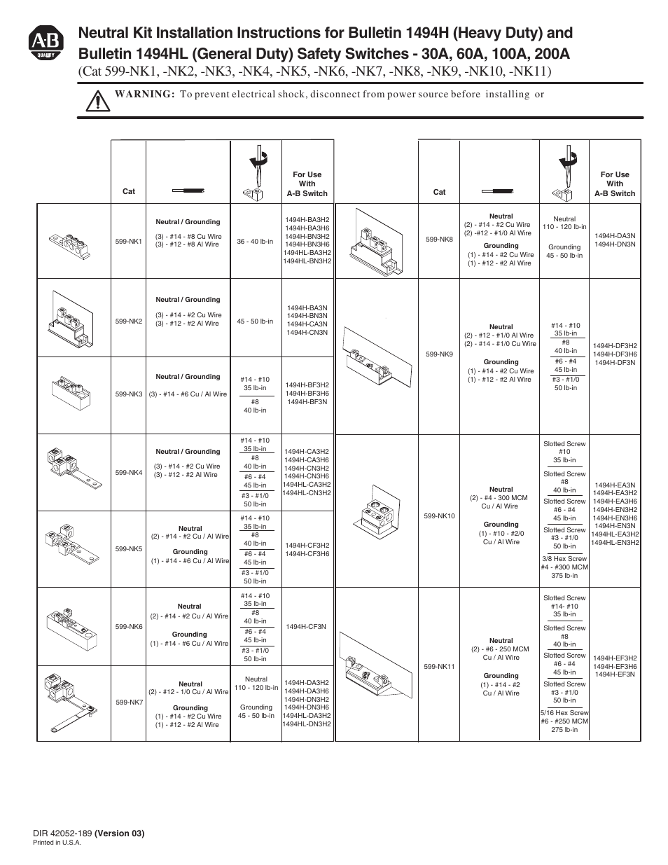 Rockwell Automation 599-NK1 - NK11 Neutral Kits for Bul 1494H (Heavy Duty) Safety Sw-30A, 60A, 100A, 200A User Manual | 4 pages