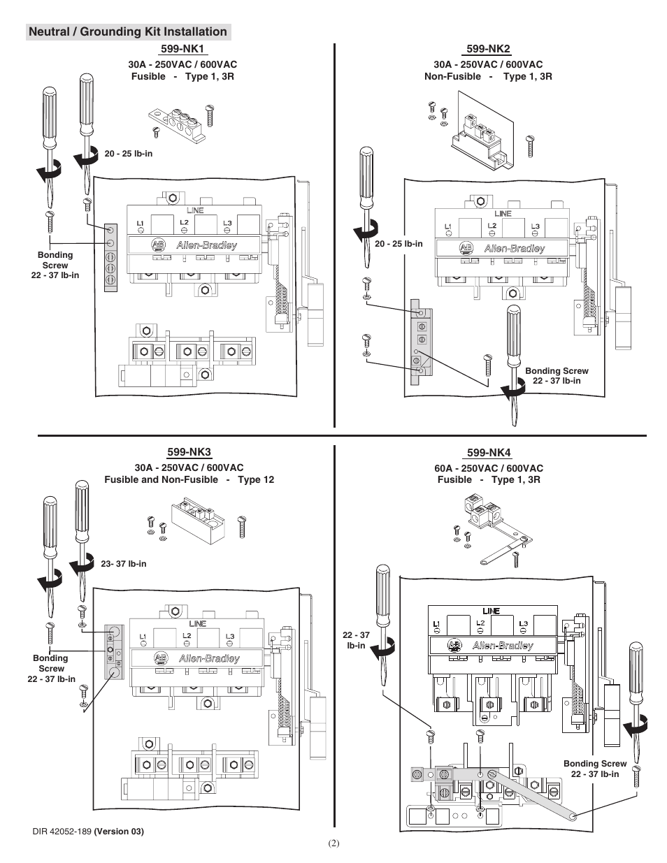 Neutral / grounding kit installation | Rockwell Automation 599-NK1 - NK11 Neutral Kits for Bul 1494H (Heavy Duty) Safety Sw-30A, 60A, 100A, 200A User Manual | Page 2 / 4