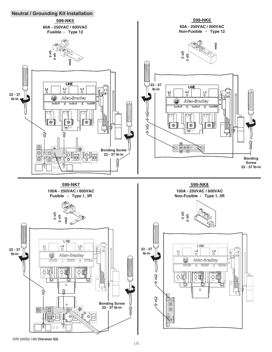 Neutral / grounding kit installation | Rockwell Automation 599-NK1 - NK11 Neutral Kits for Bul 1494H (Heavy Duty) Safety Sw-30A, 60A, 100A, 200A User Manual | Page 3 / 4