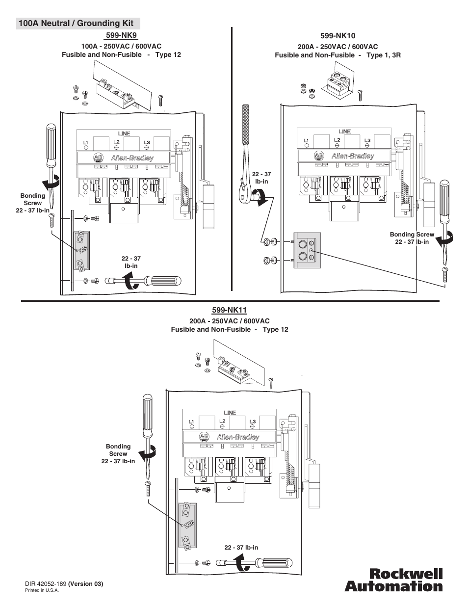 100a neutral / grounding kit, Nk10, Nk11 | Rockwell Automation 599-NK1 - NK11 Neutral Kits for Bul 1494H (Heavy Duty) Safety Sw-30A, 60A, 100A, 200A User Manual | Page 4 / 4