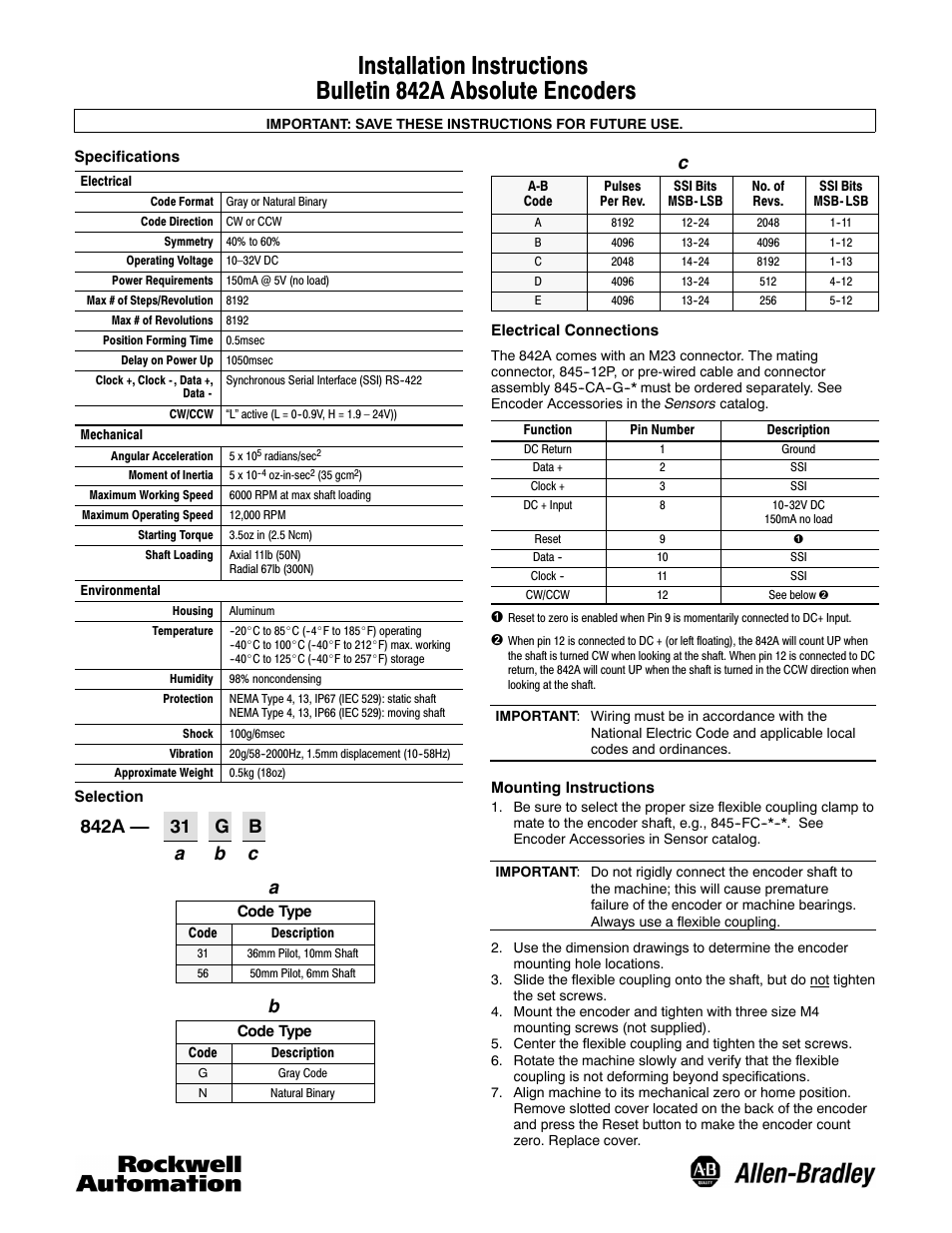 Rockwell Automation 842A Absolute Encoder User Manual | 2 pages