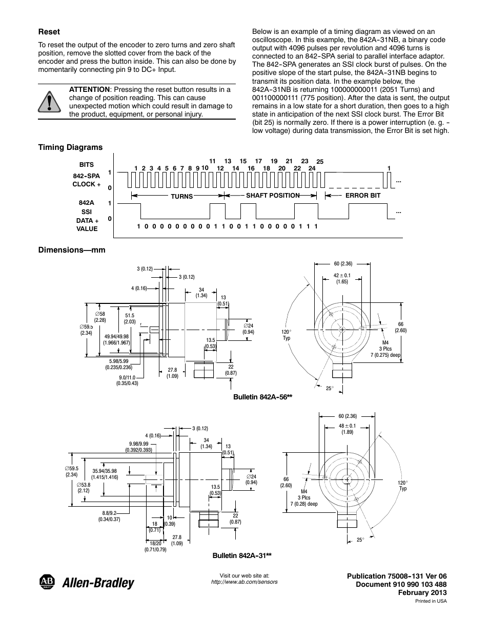 Reset, Timing diagrams, Dimensions—mm | Rockwell Automation 842A Absolute Encoder User Manual | Page 2 / 2