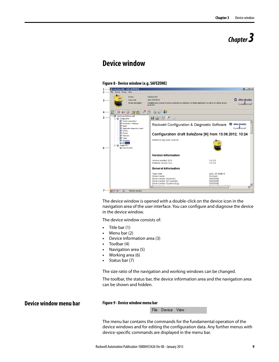 Device window, Chapter, Device window menu bar | Rockwell Automation 442L Safety Configuration & Diagnosis (SCD) User Manual User Manual | Page 11 / 40